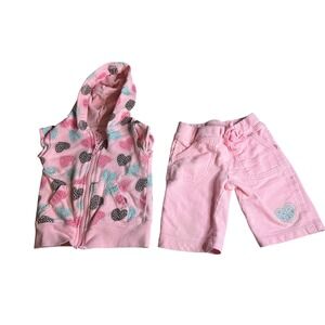 Pinc Toddler Girls Pink Heart Print Sleeveless Hoodie and Shorts Set 18 Months